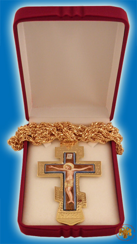 Pectoral Engraved Cross Gold Plated Russian Style with Enamel